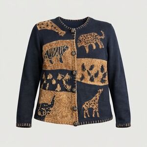 Victoria Harbour Safari Animal Cardigan Sweater Giraffe Tiger Leopard L Y2K
